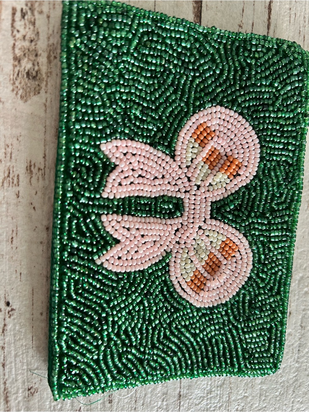 4/$50 Beaded Green Wallet with Pink Floral Motif